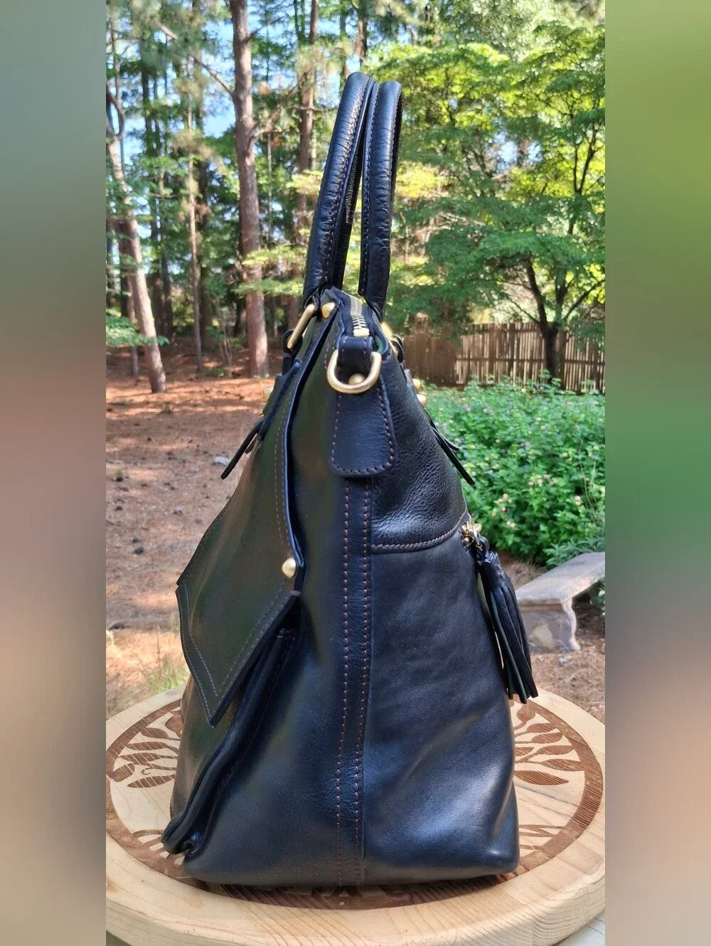 Dooney & Bourke Black Florentine Vacchetta Leather Clayton Satchel